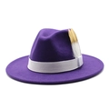 Detail of dark purple wool fedora hat featuring white grosgrain ribbon and a gold feather - Adjustable / Purple