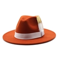 Vue détaillée du chapeau fédora orange en feutre avec ruban blanc et plumes - Rouge rouille