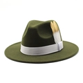 Chapeau fedora en laine vert foncé avec ruban blanc et plume décorative bicolore chic - Vert Armée