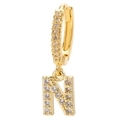 Close-up of 18k gold plated letter N pendant earring with micro-set zircon details - Letter N / Gold