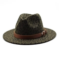 Chapeau fedora léopard vert olive avec sangle en cuir marron et boucle en métal - M (56-58cm) / Vert Militaire