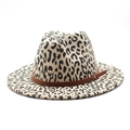Leopard print felt fedora hat with flat brim and brown leather band buckle detail - M (56-58cm) / Beige
