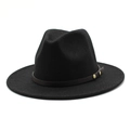 Chapeau fedora classique en laine noire avec bande en cuir marron et clous, vue de profil - M (56-58cm) / Noir