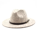Detail of cream wool fedora featuring geometric black patterns and a brown leather band - M (56-58cm) / Beige