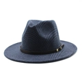 Detail of dark blue checkered fedora hat with brown leather band and gold metal buckles - M (56-58cm) / Navy Blue