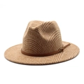 Plaid wool fedora hat with a wide brim and brown leather band for men and women - M (56-58cm) / Camel