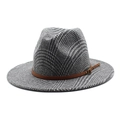 Close-up of wide brim wool fedora hat with plaid texture and leather buckle band - M (56-58cm) / Gray