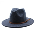 Classic blue and black plaid wool fedora hat with brown leather band and metal buckle - M (56-58cm) / Navy Blue