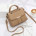 Khaki PU leather handbag with metallic top handle and adjustable shoulder strap - Khaki