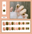 Detail view of salmon orange and olive green press-on nails with 24 pieces in various sizes - Autumn Retro Orange Green Style (R131)