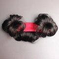 Toddler hairband featuring two black synthetic hair buns with a red elastic strap - Double Buns / Dark Red
