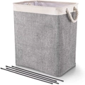 Detail of gray foldable laundry basket with rope handles and four black support rods - Standard Type / Beige & Grey / Small