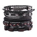 Retro multi-layer leather bracelet set with silver feather and metal star charms - Feather & Star Vintage Set (TZ-87-8)