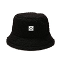 Winter black teddy fleece bucket hat with minimalist white square smiley face patch - M (56-58cm) / Black