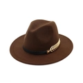 Close-up of brown wool fedora hat with black band and gold feather metal pin detail - 57cm Adult One Size / Coffee
