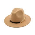 Detail of camel wool fedora hat featuring black ribbon and gold leaf decoration - 57cm Adult One Size / Beige
