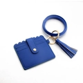Blue lychee pattern PU leather keychain bracelet with wave edge card wallet and tassel - Sapphire Blue