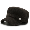 Deep brown wool flat cap for men with warm earflaps and vintage herringbone pattern - Flat Top / Brown