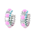 Zilveren clip-on oorbellen met roze cabochon en kleurrijke emaille edelsteenaccenten - Roze Blauw Zilveren Ringstijl (Stijl 4)