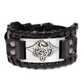 Wide black leather bracelet featuring a silver Celtic dragon knot metal plate with snaps - Black + Antique Silver