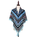 Close-up of bohemian scarf featuring blue tassels and intricate floral jacquard pattern - 115*115cm / Blue Floral (No.23)