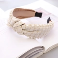 Detail view of beige tweed headband with pearl trim and stylish knot design - White Houndstooth Small Plaid Knot
