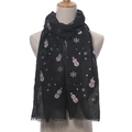 Black Christmas snowman and snowflake print scarf with fringe tassels for winter warmth - 70*180cm / Black