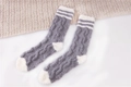 Gray coral fleece striped sleep socks with cable knit texture and white cuffs - One Size / Gray