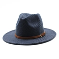 Detail of wool fedora hat featuring dark blue plaid pattern and brown leather band - M (56-58cm) / Navy Blue