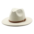 Classic beige wool fedora hat with a houndstooth pattern and brown leather band detail - M (56-58cm) / Cream