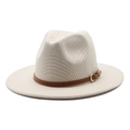 Classic houndstooth jazz fedora hat with brown leather band and gold buckle detail - M (56-58cm) / Beige