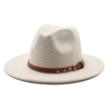 Detail of beige plaid wool fedora hat with brown leather band and gold rivet accents - M (56-58cm) / Beige