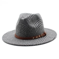 Classic plaid wool fedora hat with a brown leather decorative band and gold rivets - M(56-58cm) / Gray