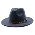 Navy blue plaid wool fedora hat with wide brim and brown leather strap with metal buckle - M (56-58cm) / Navy Blue