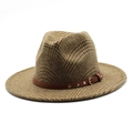 Detail of brown plaid wool felt jazz hat with leather band and gold metal rivets - M(56-58cm) / Khaki