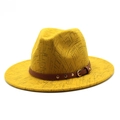 Detail of yellow wool fedora hat with abstract black lines and brown leather rivet band - M (56-58cm) / Yellow