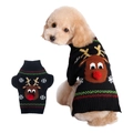 Pull de Noël noir pour chien avec motif renne et nez en pompon rouge en relief - XS / Renne noir avec nez rouge