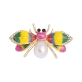Golden honey bee brooch with colorful enamel wings, sparkling rhinestones, and large pearl - Colorful Pearl Bee