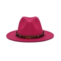 Fuchsia wide-brim felt fedora hat featuring a brown braided band and metal feather charm - Rose Red