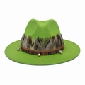 Bright green wool fedora hat with bohemian feathers, braided ropes and metal charms - M (56-58cm) / Fruit Green