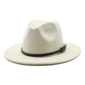 Classic beige wool fedora hat with flat wide brim and black leather buckle band accessory - M (56-58cm) / Cream