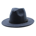 Detail of blue and black plaid fedora with black leather band and silver buckle closure - M (56-58cm) / Navy Blue