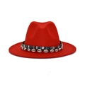 Bright red wide brim fedora hat with colorful ethnic ribbon and shell decoration - M (56-58cm) / Orange Red