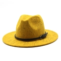 Detailed macro view of yellow wool fedora featuring black texture and leather buckle strap - M (56-58cm) / Printed Line Style / Yellow