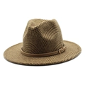 Classic wool blend fedora hat with brown check pattern and leather belt trim - Khaki