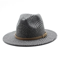 Elegant wool jazz fedora hat in grey plaid pattern with brown leather strap and gold buckle - Gray