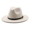 Elegant beige plaid wool fedora hat with black leather band and gold buckle detail - M (56-58cm) / Beige
