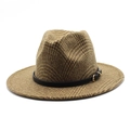 Detail of tan houndstooth wool fedora featuring black leather band and gold buckle - M (56-58cm) / Khaki