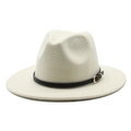 Women's autumn wool fedora hat in beige with checked texture and buckled belt - M (56-58cm) / Cream