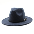 Detailed 45-degree angle of dark blue checkered wool fedora with a black leather buckle band - M (56-58cm) / Navy Blue